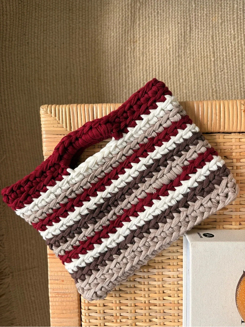 Handwoven Striped Crochet Tote Bag - Red, White & Brown